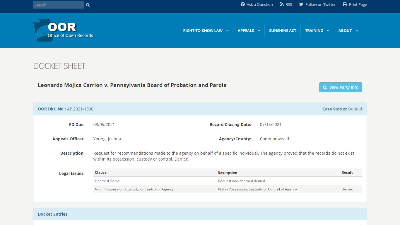 OOR - Docket Sheet - openrecords.pa.gov